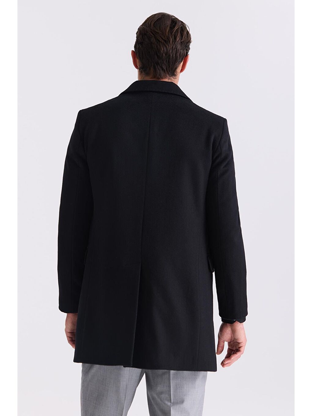 Siyah Regular Fit Mono Yaka Yünlü Kaşe Kaban-3
