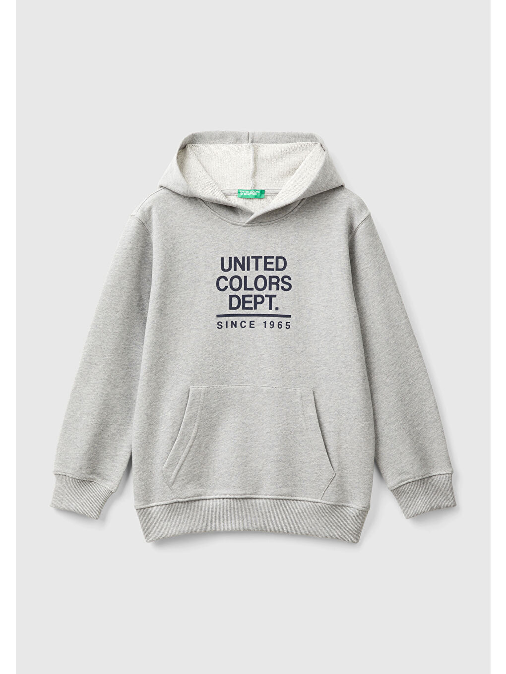 United Colors Of Benetton Gri Erkek Çocuk Gri Melanj Önü Logo Baskılı Ribanalı Kapüşonlu Sweatshirt