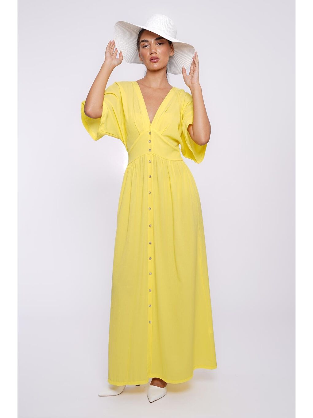 Sarı V Yaka Düğmeli Elbise Mg2339