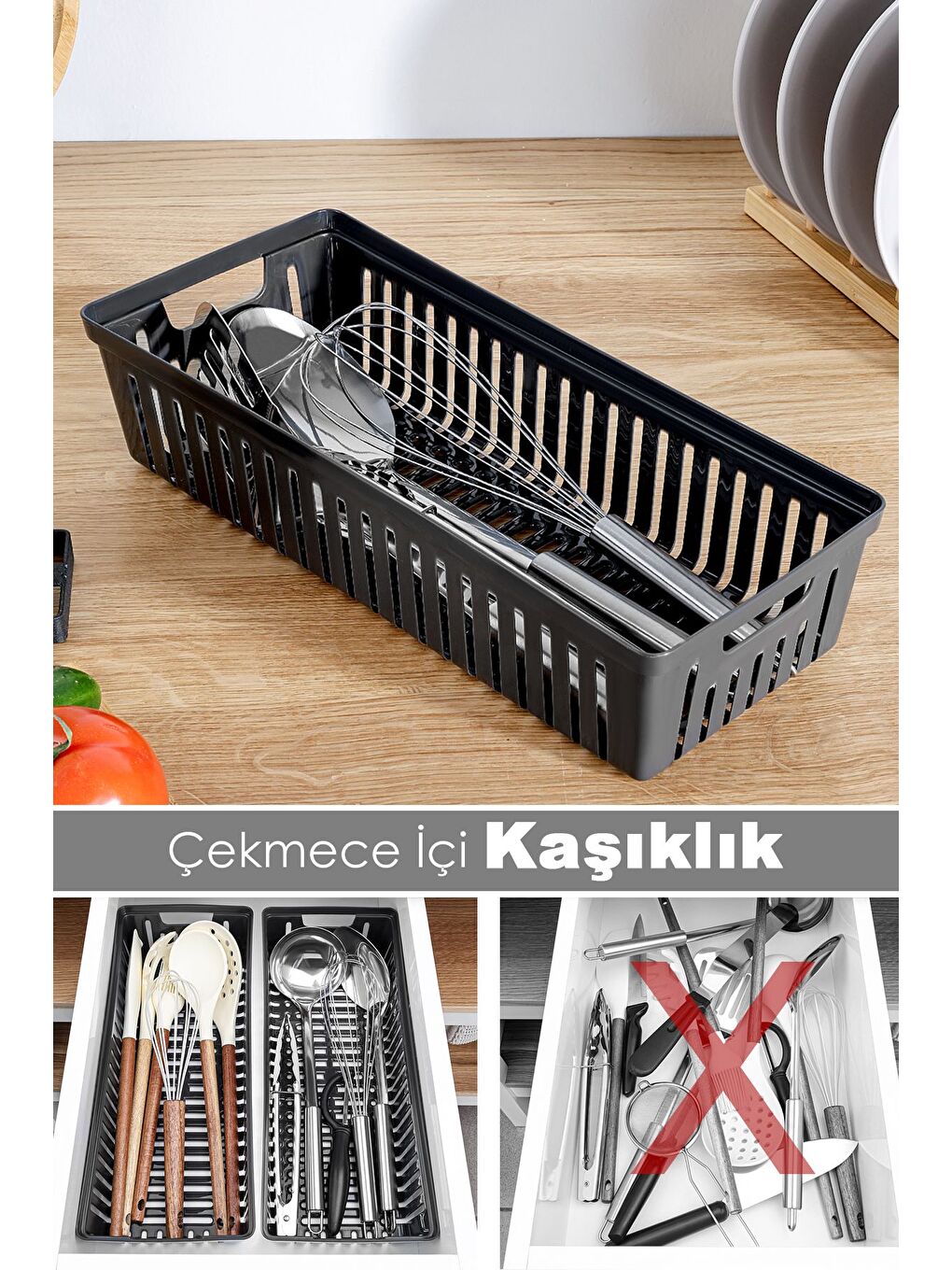 1 Adet Modüler Kaşıklık Mutfak Düzenleyici Çekmece İçi Organizer Bıçaklık Kepçelik Siyah