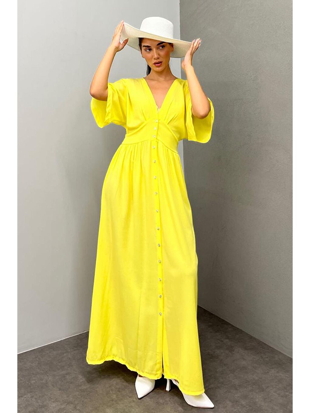 Sarı V Yaka Düğmeli Elbise Mg2339-1