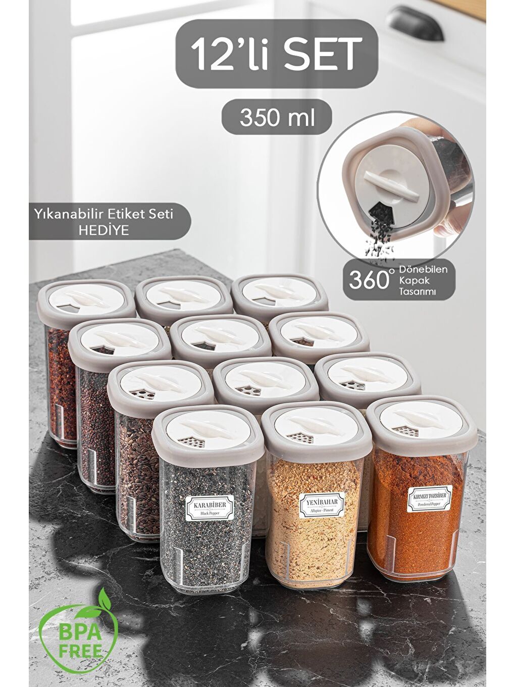 12'li Etiketli ve Kilitlenebilir Hava Almaz Kapaklı Baharatlık Seti Baharatlık Saklama Kabı Bej