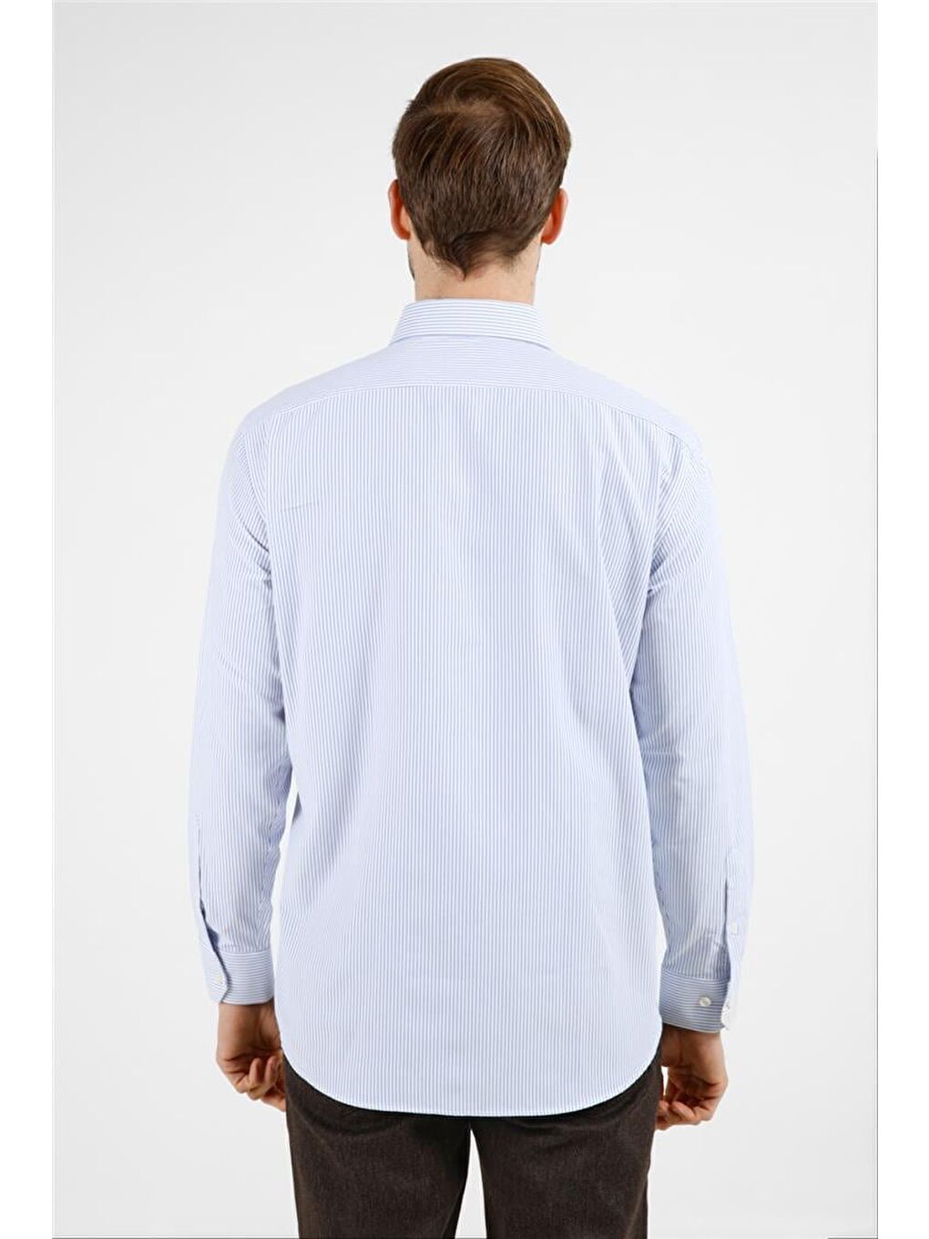 Beyaz - Mavi Çizgili Desen Sert Yaka Uzun Kol Cepli Comfort Fit Pamuklu Gömlek 1004255281-4