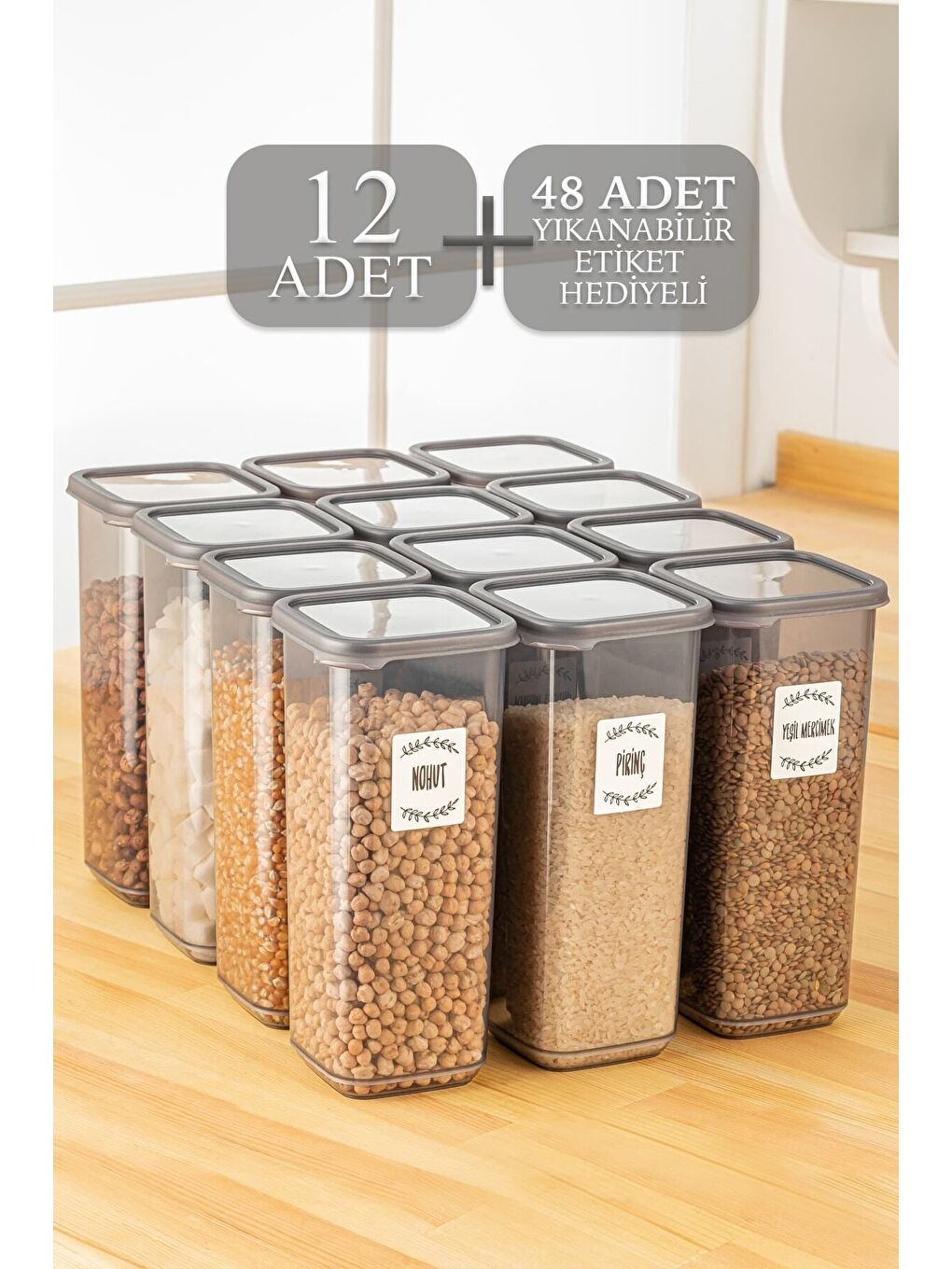 Antrasit 12'li Pino Etiketli Mega Boy Baharatlık Seti Kapaklı Kare Baharat Takımı Saklama Kabı 12x1700 ml