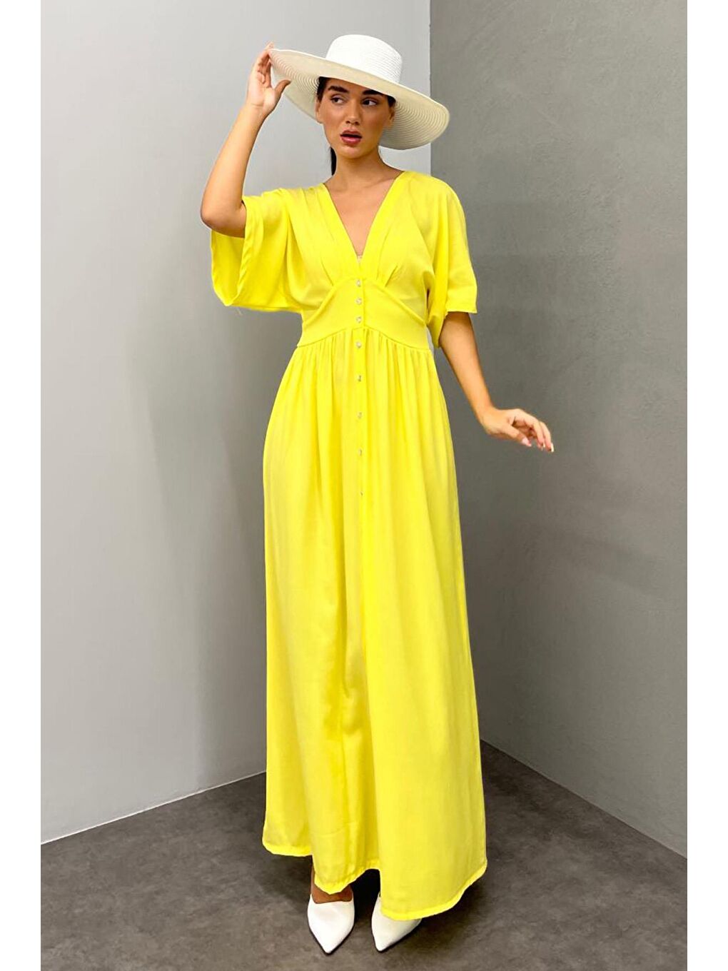 Sarı V Yaka Düğmeli Elbise Mg2339-2
