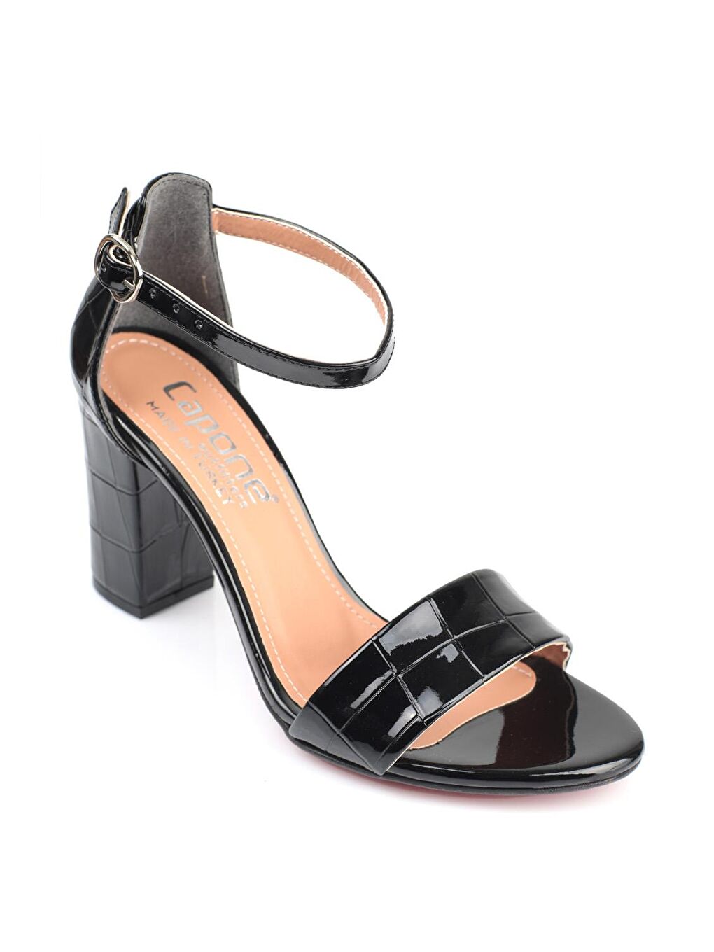 Siyah Büyük Kroko Desenli Silvy Topuklu Bilekten Bantlı Kadın Sandalet-2