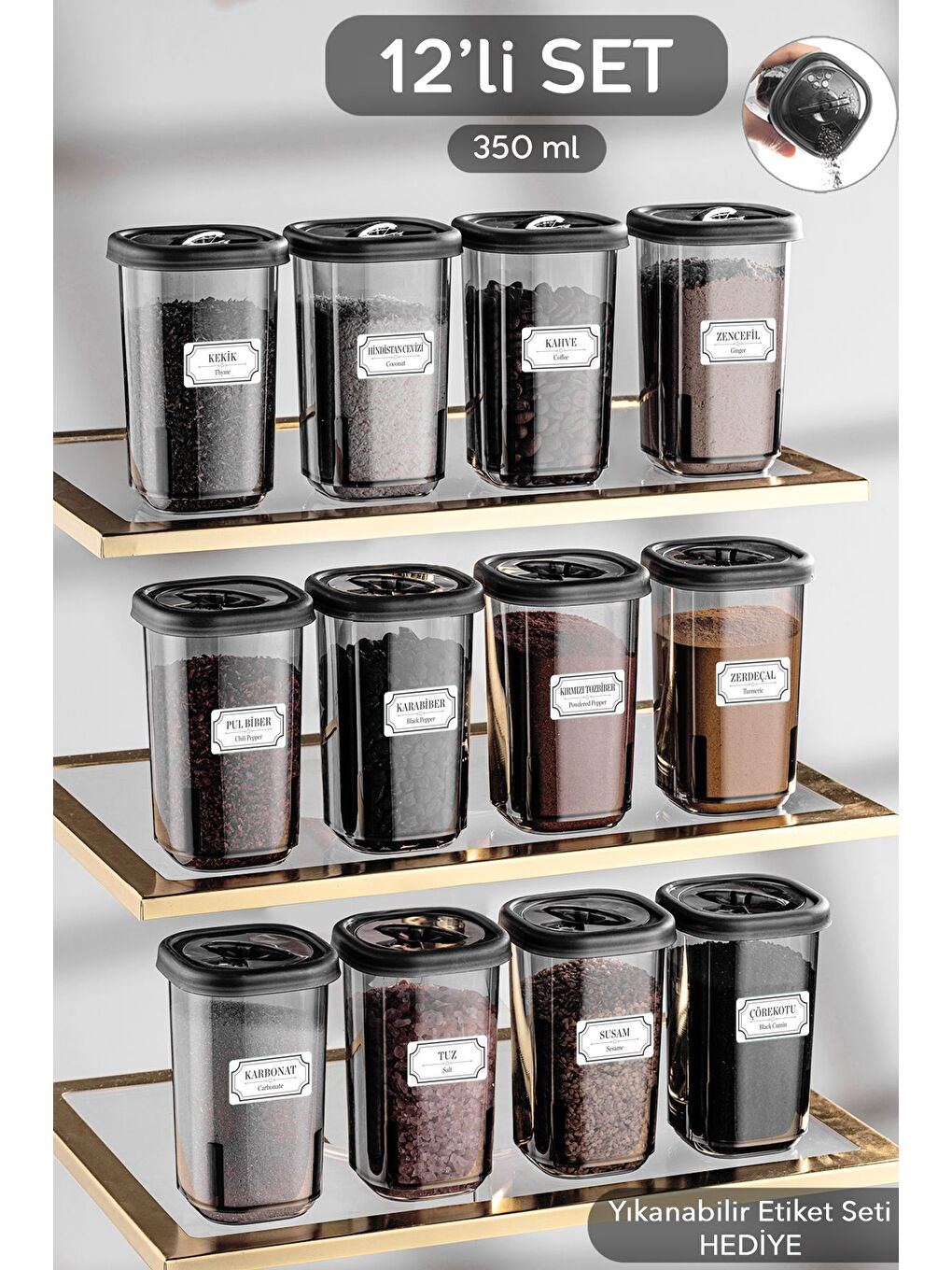 Antrasit 12'li Etiketli ve Kilitlenebilir Hava Almaz Kapaklı Baharatlık Seti Baharatlık Saklama Kabı Gri