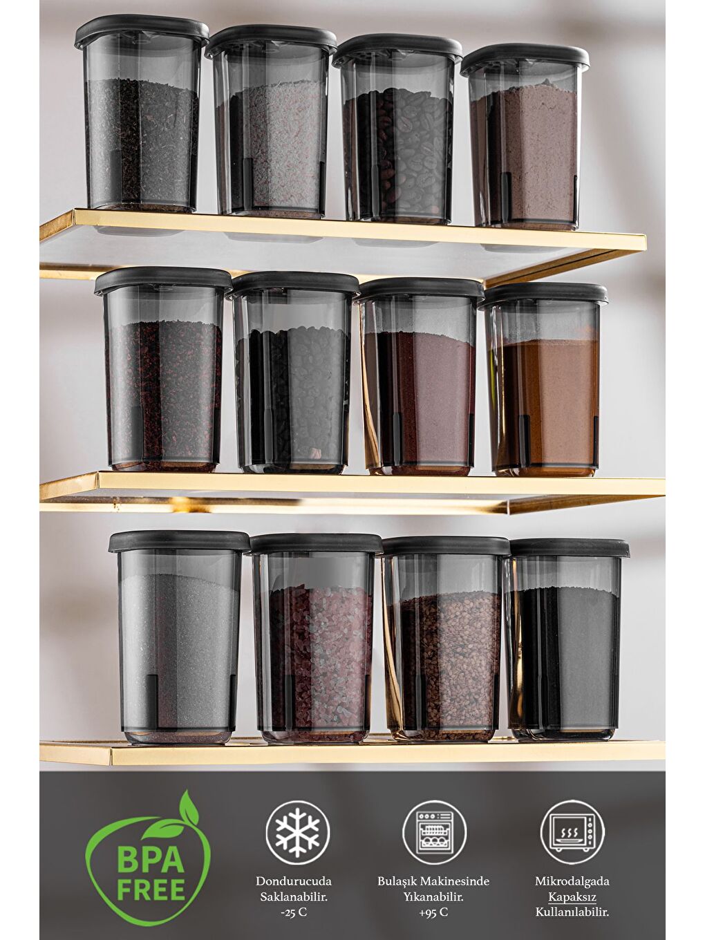 Antrasit 12'li Etiketli ve Kilitlenebilir Hava Almaz Kapaklı Baharatlık Seti Baharatlık Saklama Kabı Gri-1