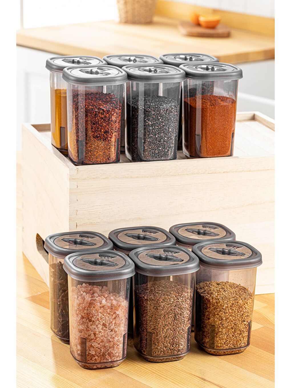Antrasit 12'li Etiketli ve Kilitlenebilir Hava Almaz Kapaklı Baharatlık Seti Baharatlık Saklama Kabı Gri-2