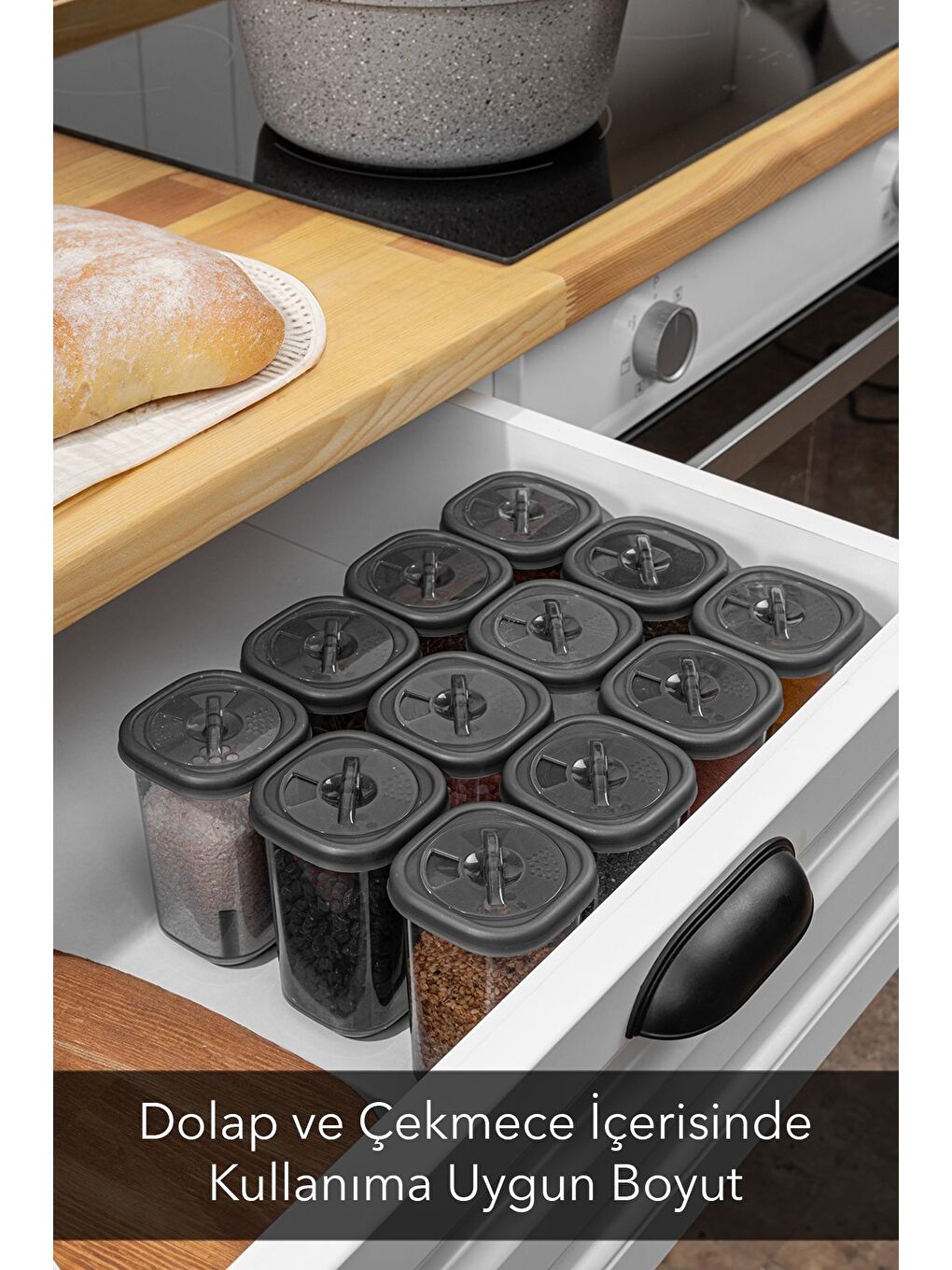 Antrasit 12'li Etiketli ve Kilitlenebilir Hava Almaz Kapaklı Baharatlık Seti Baharatlık Saklama Kabı Gri-3