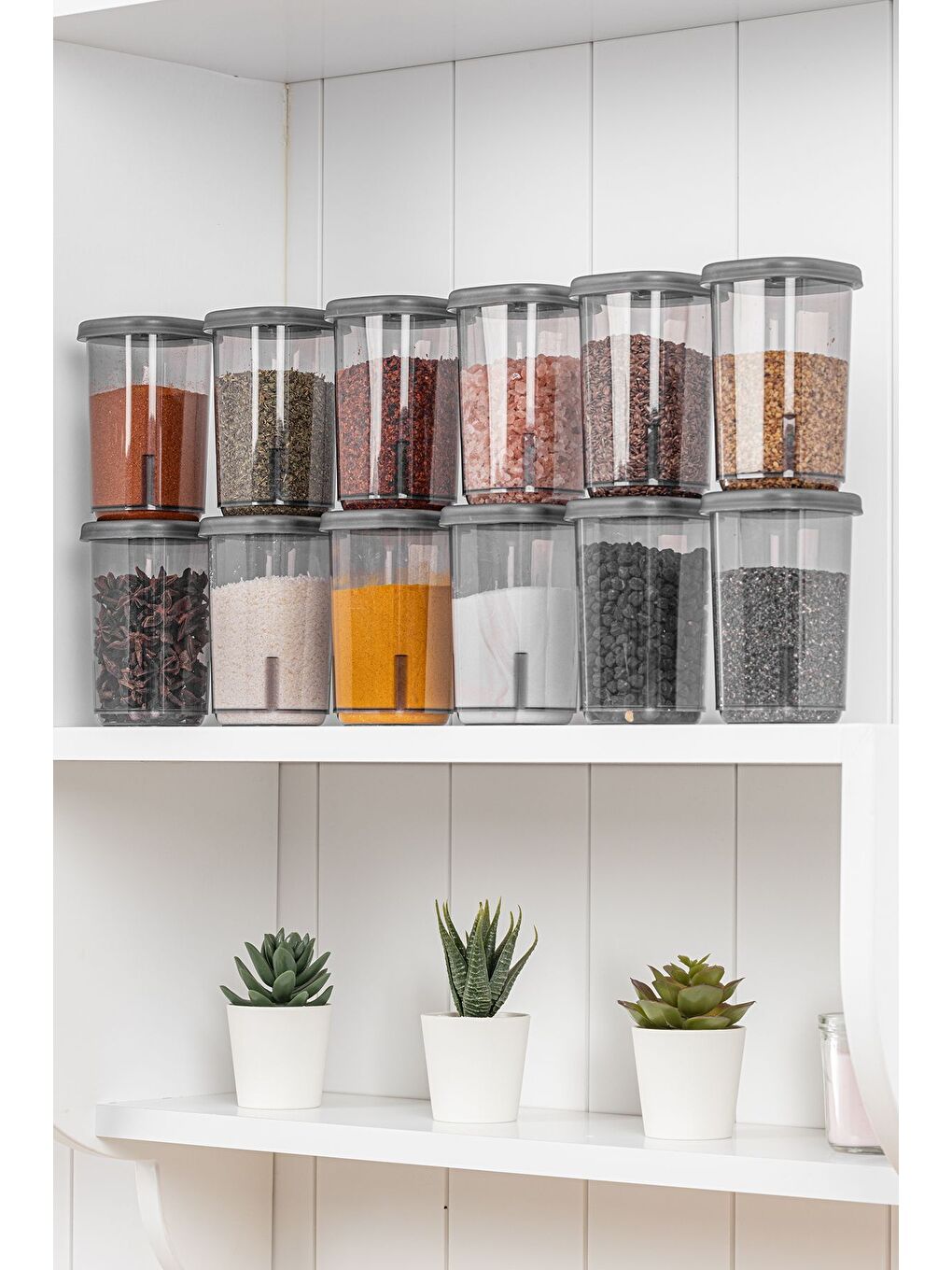 Antrasit 12'li Etiketli ve Kilitlenebilir Hava Almaz Kapaklı Baharatlık Seti Baharatlık Saklama Kabı Gri-6