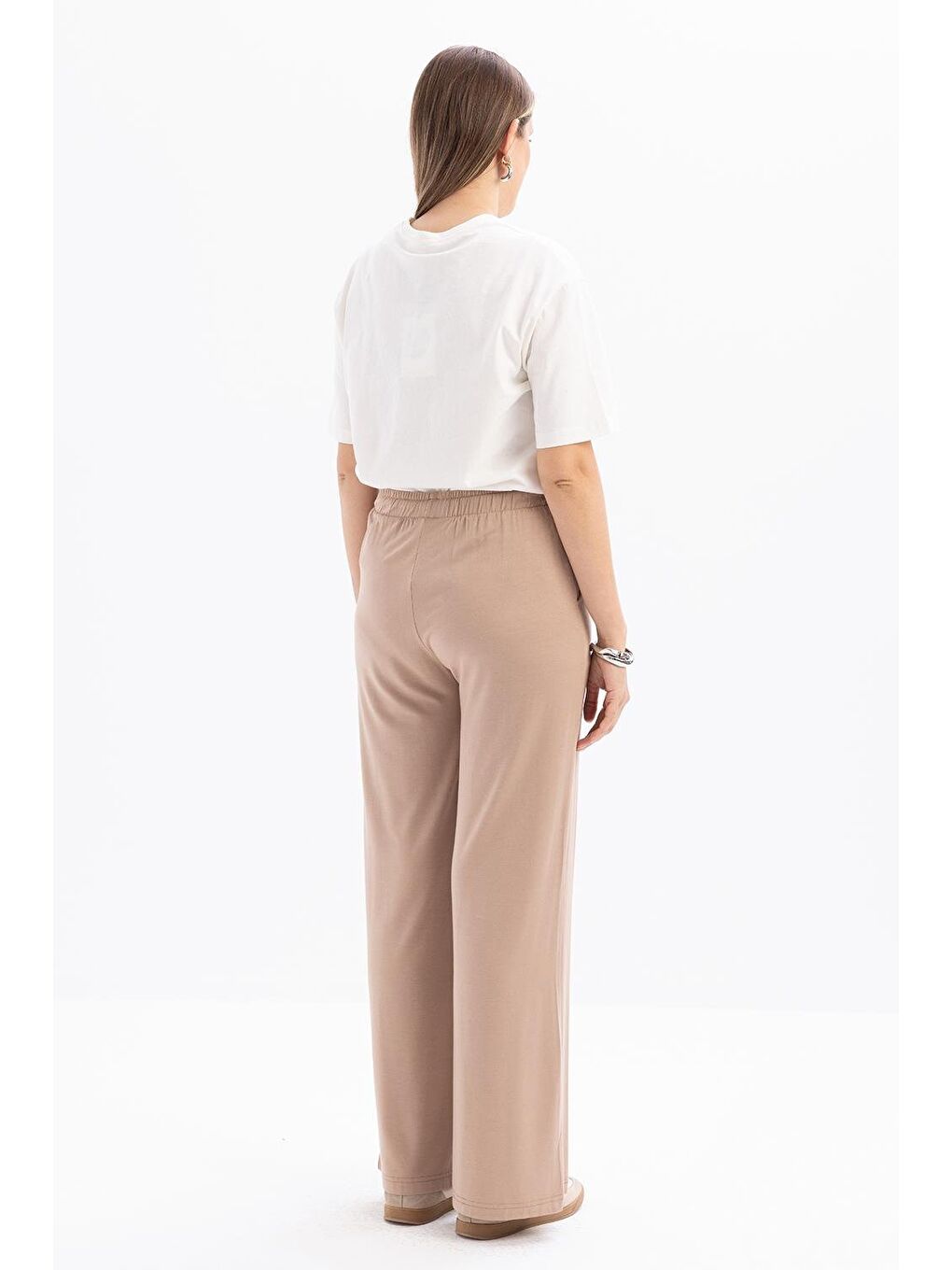 Bej Vizon-Beli Bağcıklı Cepli Geniş Paça Eşofman Altı-4