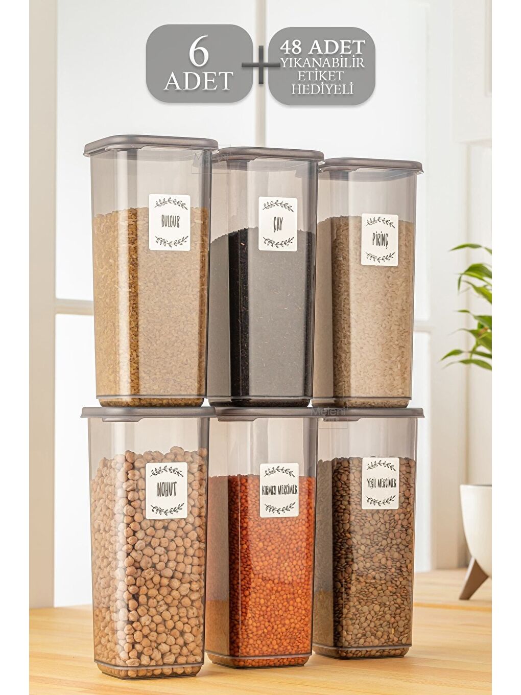 Antrasit 6'lı Etiketli Mega Boy Baharatlık Seti Kapaklı Kare Baharat Takımı Saklama Kabı 6x1700 ml