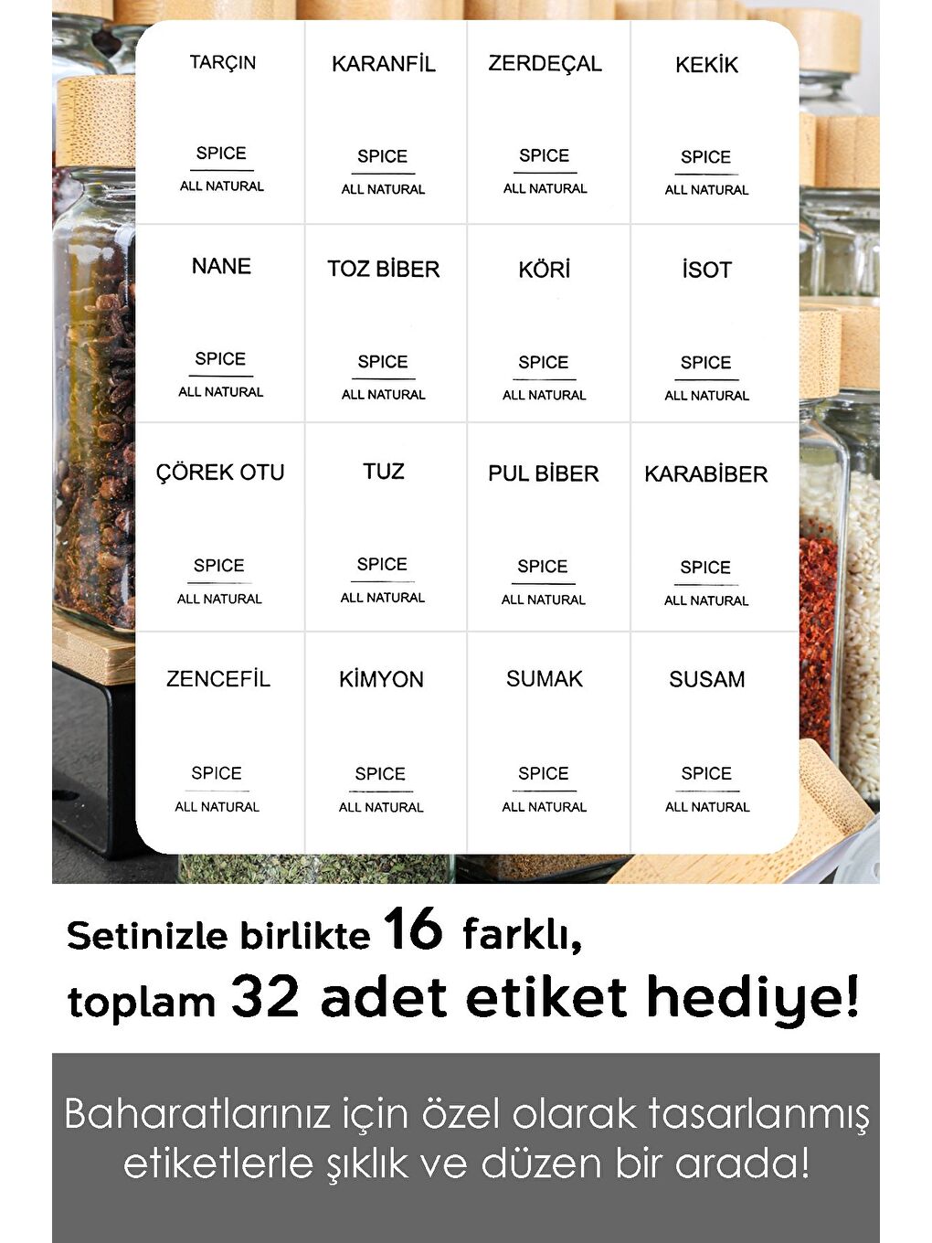 Renksiz 24'lü Bambu Kapaklı Cam Baharatlık Seti Etiketli Tuzluk Biberlik Köşeli Baharat Takımı 120 ml-1