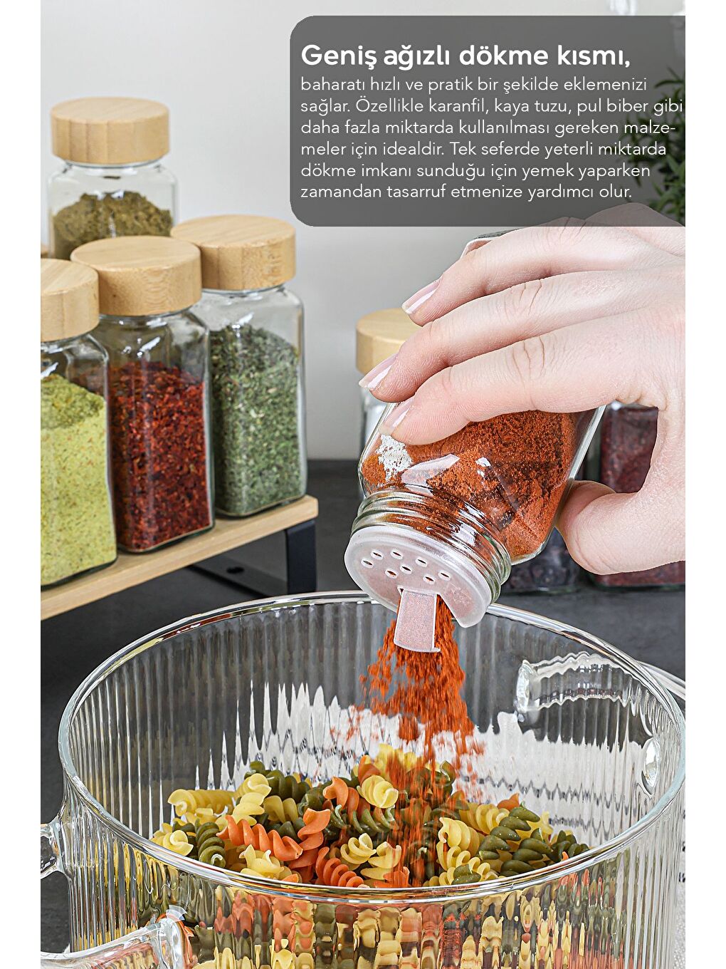 Renksiz 24'lü Bambu Kapaklı Cam Baharatlık Seti Etiketli Tuzluk Biberlik Köşeli Baharat Takımı 120 ml-5