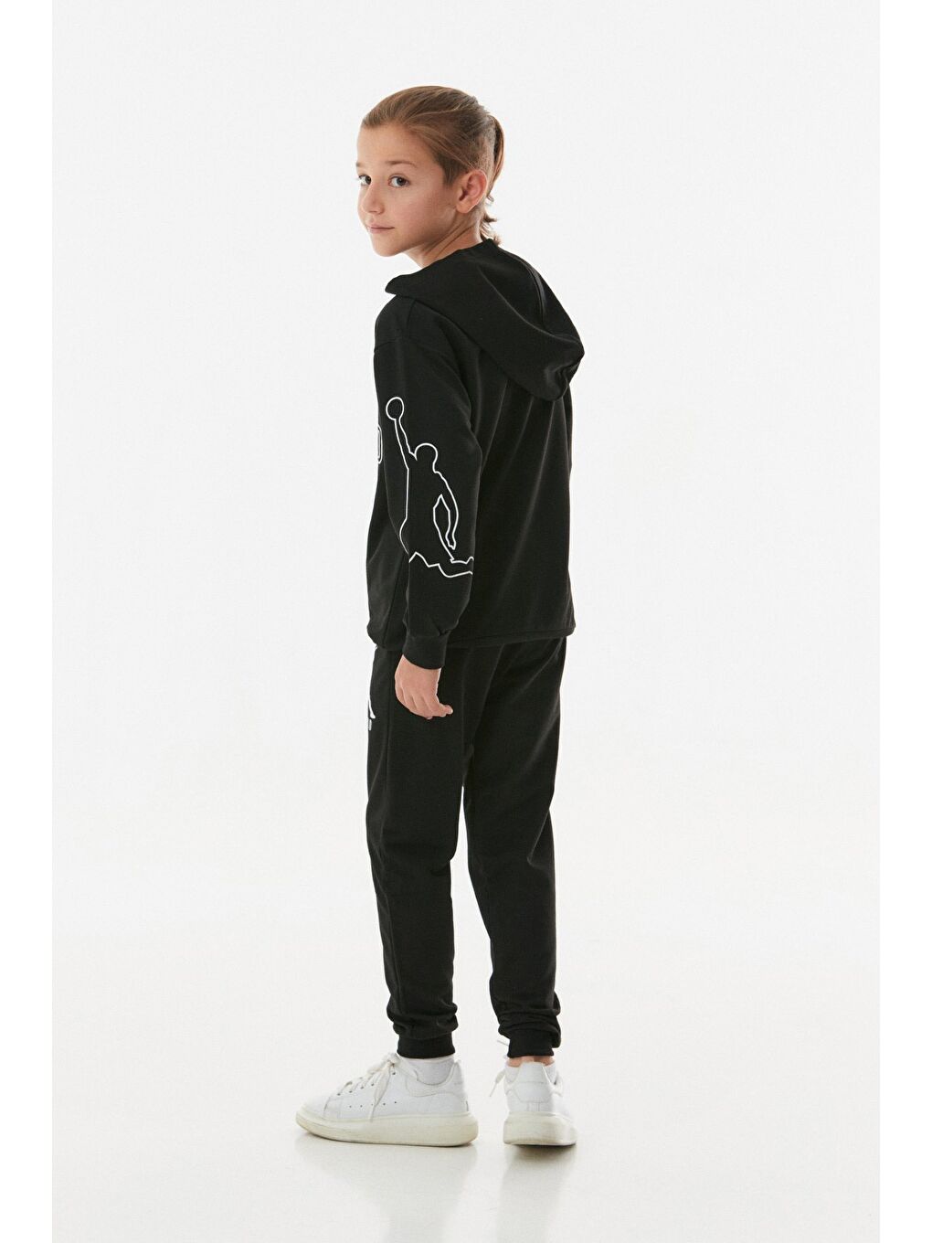 Siyah Legend Yazı Baskılı Kapüşonlu Jogger Erkek Çocuk Eşofman Takımı-3