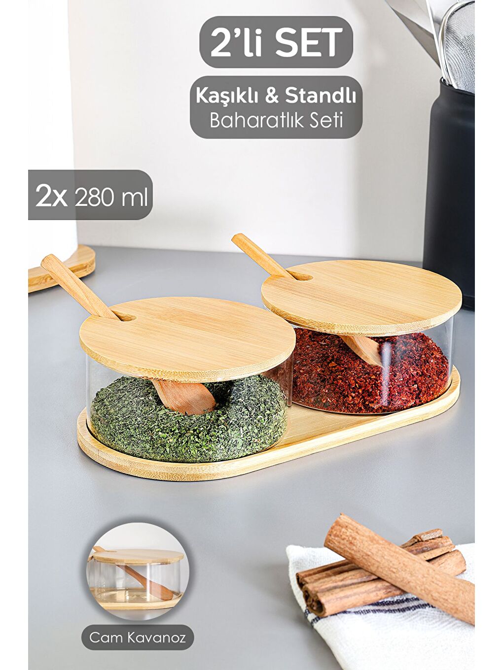 Renksiz 2'li Bambu Kapaklı Cam Baharatlık Seti Bambu Kaşıklı Standlı Tuzluk Biberlik Baharat Takımı 280 ml