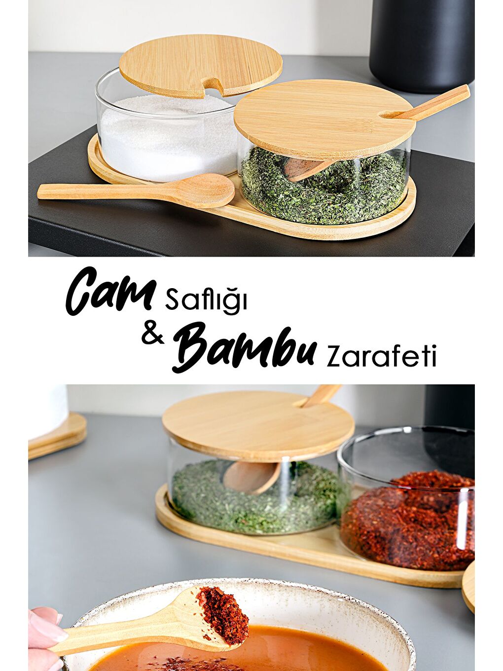 Renksiz 2'li Bambu Kapaklı Cam Baharatlık Seti Bambu Kaşıklı Standlı Tuzluk Biberlik Baharat Takımı 280 ml-1