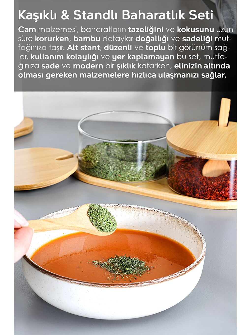 Renksiz 2'li Bambu Kapaklı Cam Baharatlık Seti Bambu Kaşıklı Standlı Tuzluk Biberlik Baharat Takımı 280 ml-2
