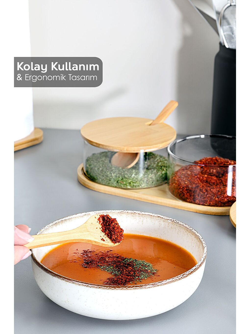 Renksiz 2'li Bambu Kapaklı Cam Baharatlık Seti Bambu Kaşıklı Standlı Tuzluk Biberlik Baharat Takımı 280 ml-3