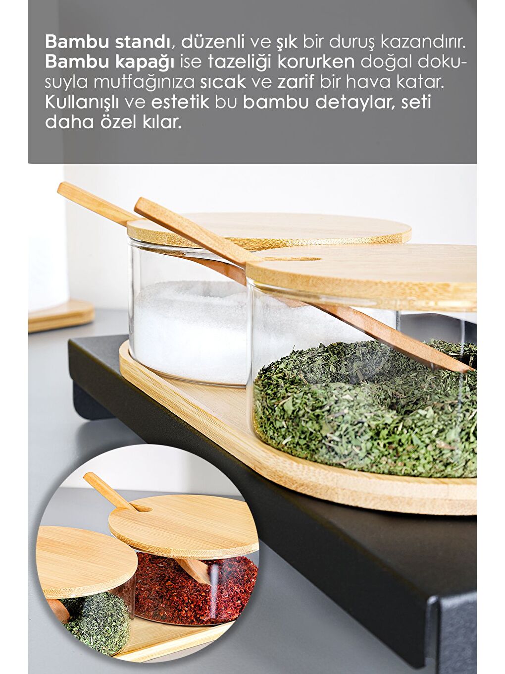 Renksiz 2'li Bambu Kapaklı Cam Baharatlık Seti Bambu Kaşıklı Standlı Tuzluk Biberlik Baharat Takımı 280 ml-4