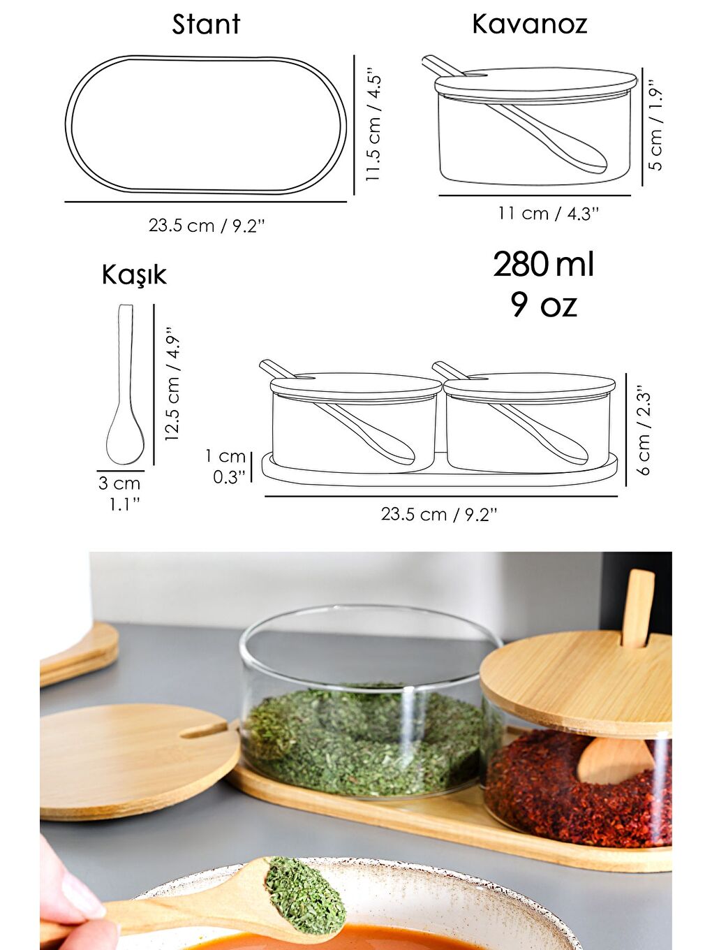 Renksiz 2'li Bambu Kapaklı Cam Baharatlık Seti Bambu Kaşıklı Standlı Tuzluk Biberlik Baharat Takımı 280 ml-5