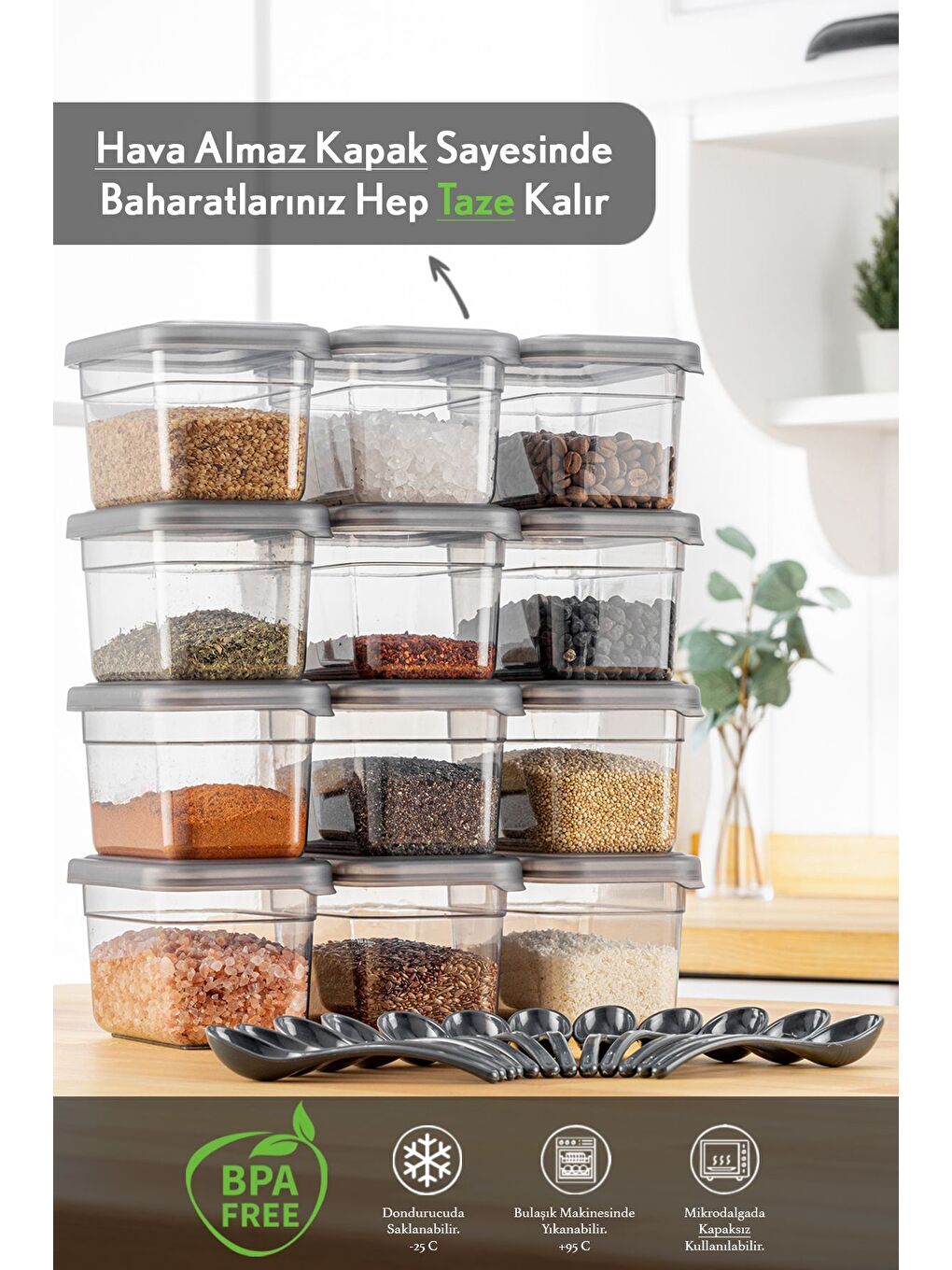 Antrasit 12'li Sızdırmaz Kapaklı Kaşıklı Baharatlık Seti Etiketli Baharat Saklama Kabı 12 x 580 ml-1