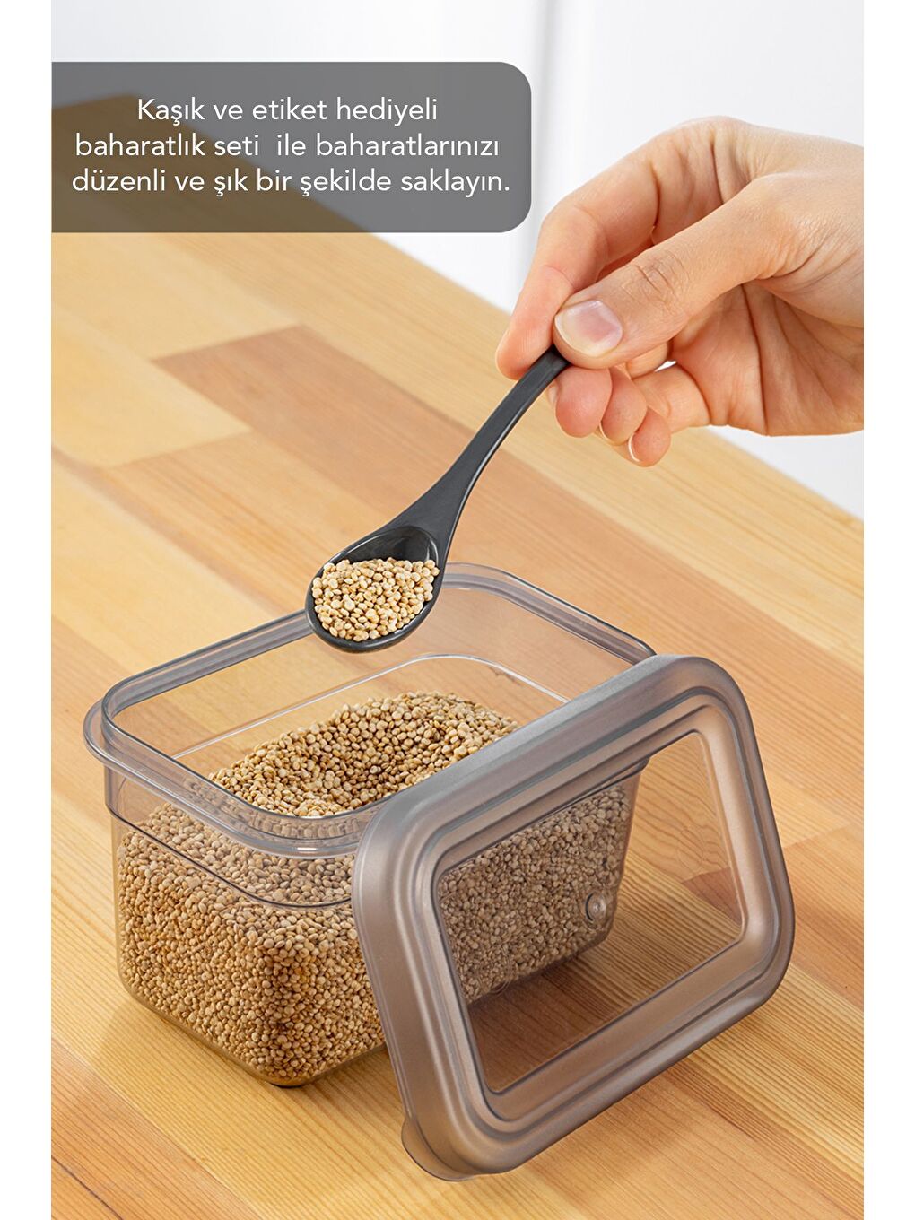 Antrasit 12'li Sızdırmaz Kapaklı Kaşıklı Baharatlık Seti Etiketli Baharat Saklama Kabı 12 x 580 ml-3