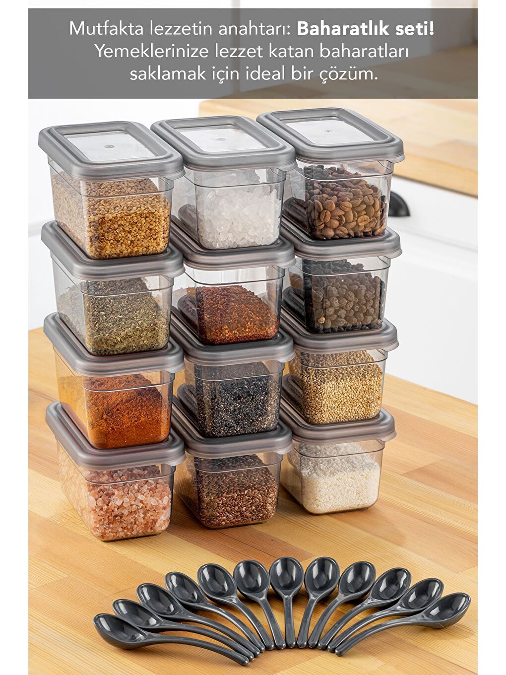 Antrasit 12'li Sızdırmaz Kapaklı Kaşıklı Baharatlık Seti Etiketli Baharat Saklama Kabı 12 x 580 ml-4