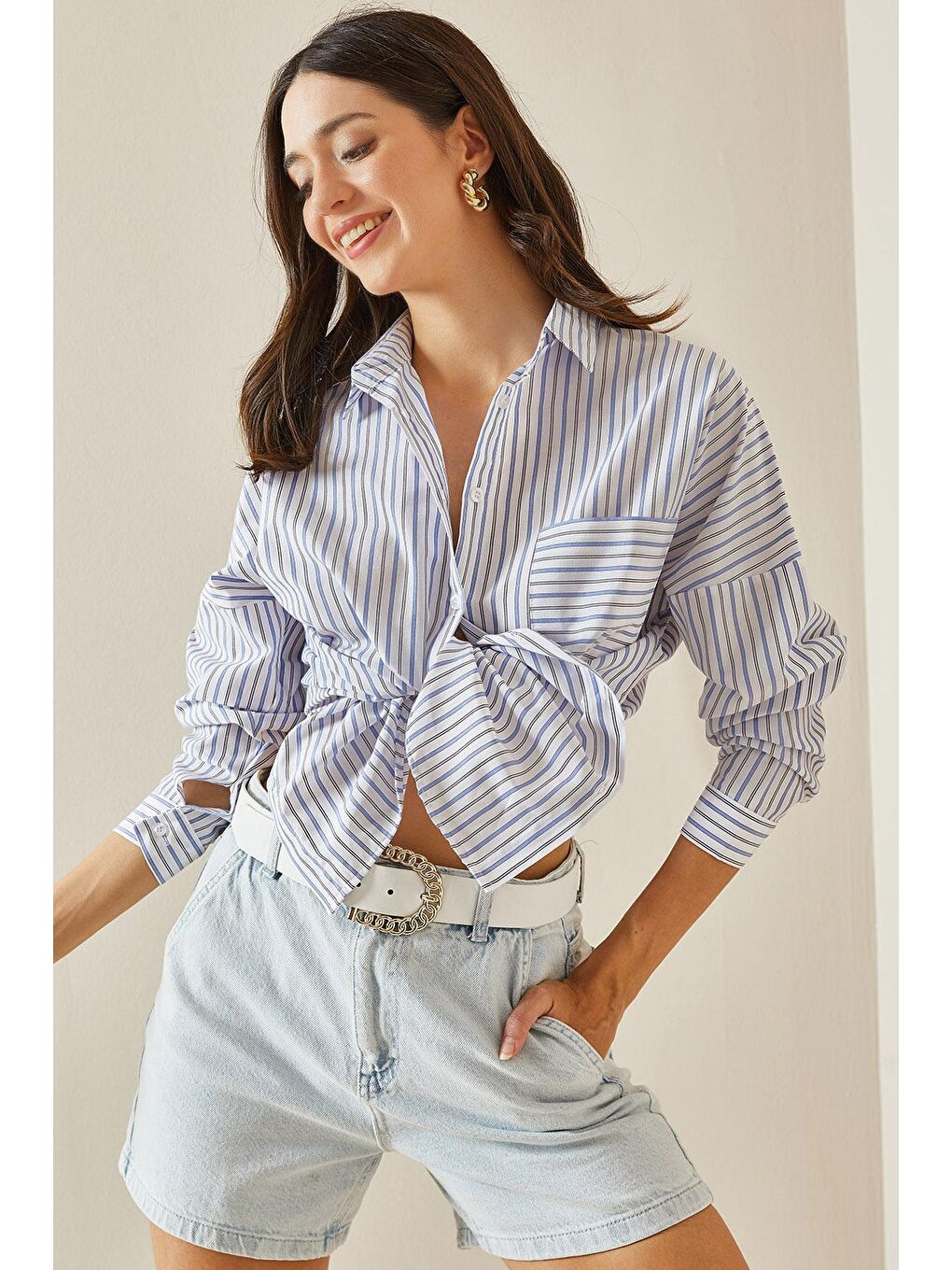 Mavi Tek Cepli Çizgili Gömlek 5YXK2-48646-12