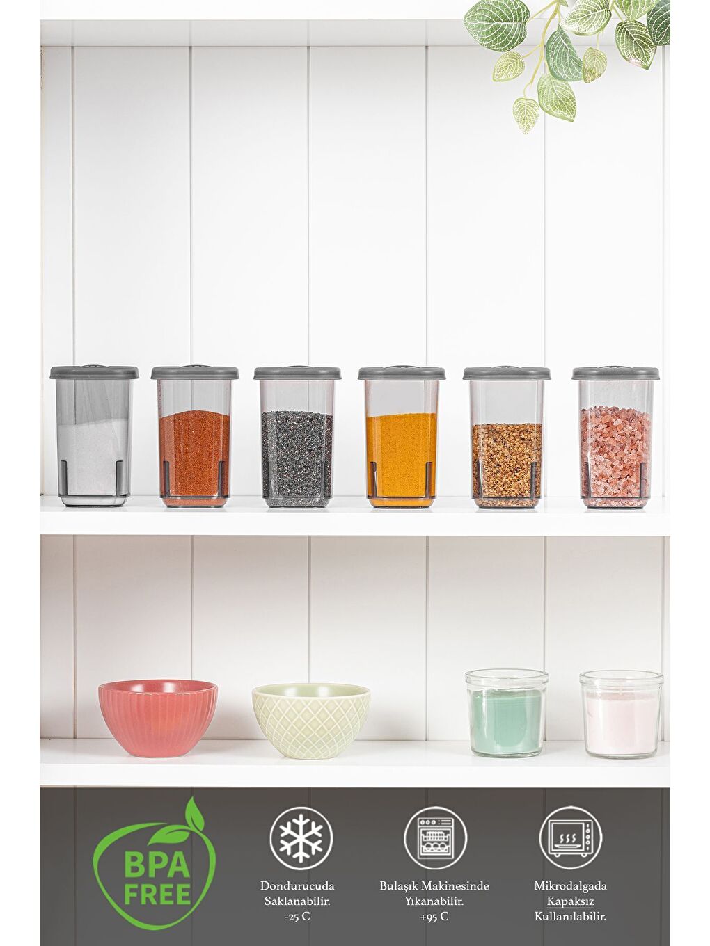 6'lı Etiketli ve Kilitlenebilir Hava Almaz Kapaklı Baharatlık Seti Baharatlık Saklama Kabı Gri-1