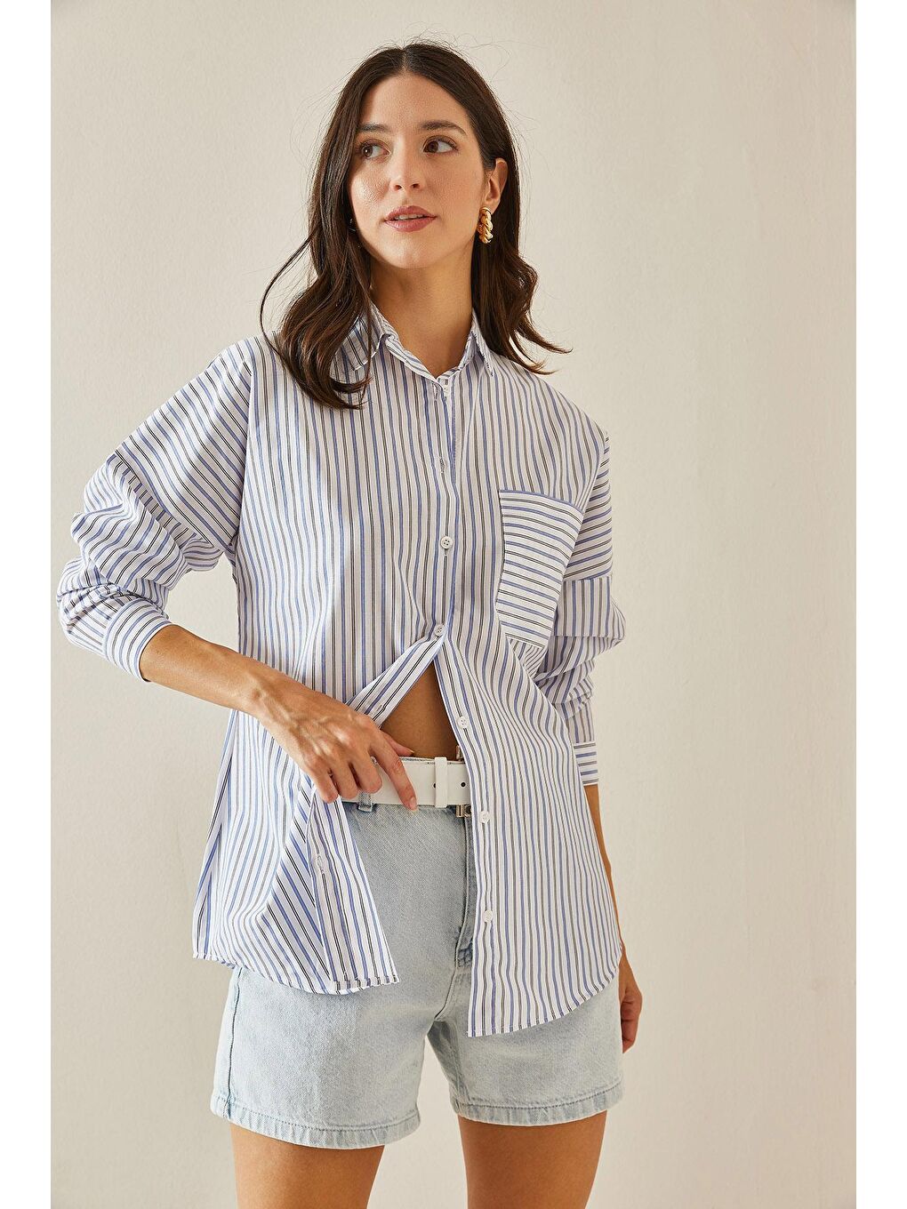 Mavi Tek Cepli Çizgili Gömlek 5YXK2-48646-12-1