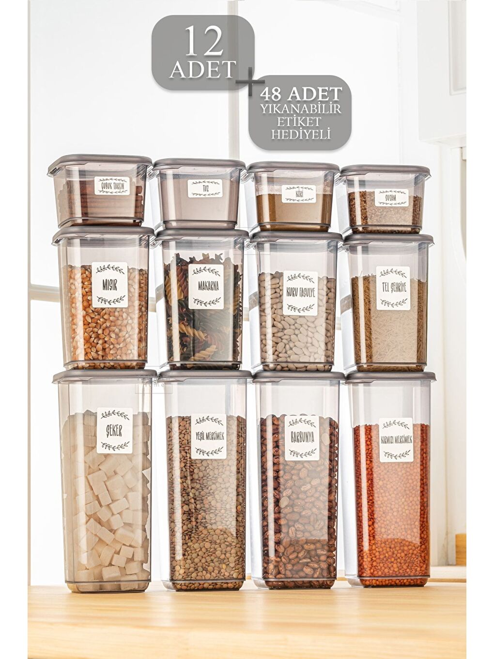 Antrasit 12'li Melly Baharatlık Erzak Saklama Kabı Kapaklı Kare Baharat Takımı 4x 0 50 lt1 10 lt1 70 lt