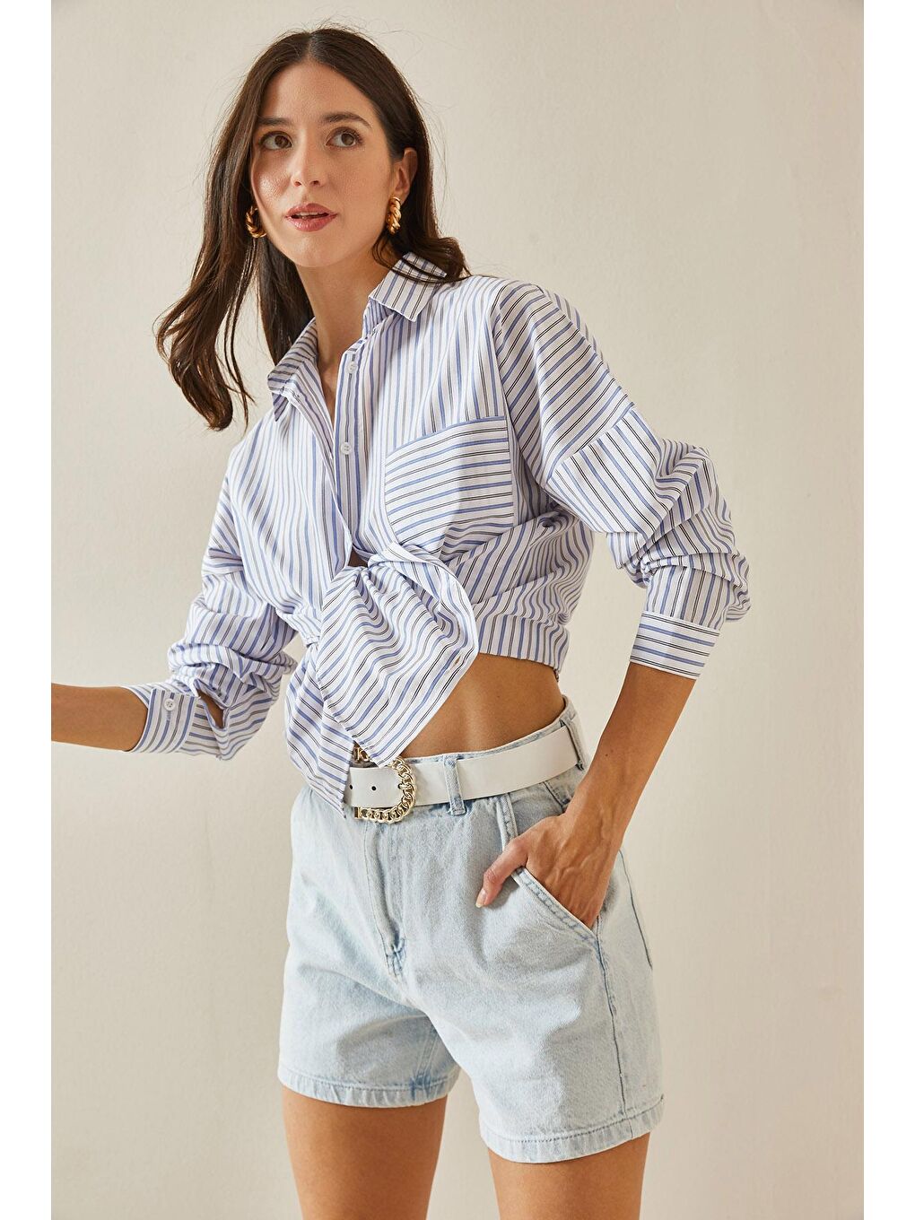 Mavi Tek Cepli Çizgili Gömlek 5YXK2-48646-12-3