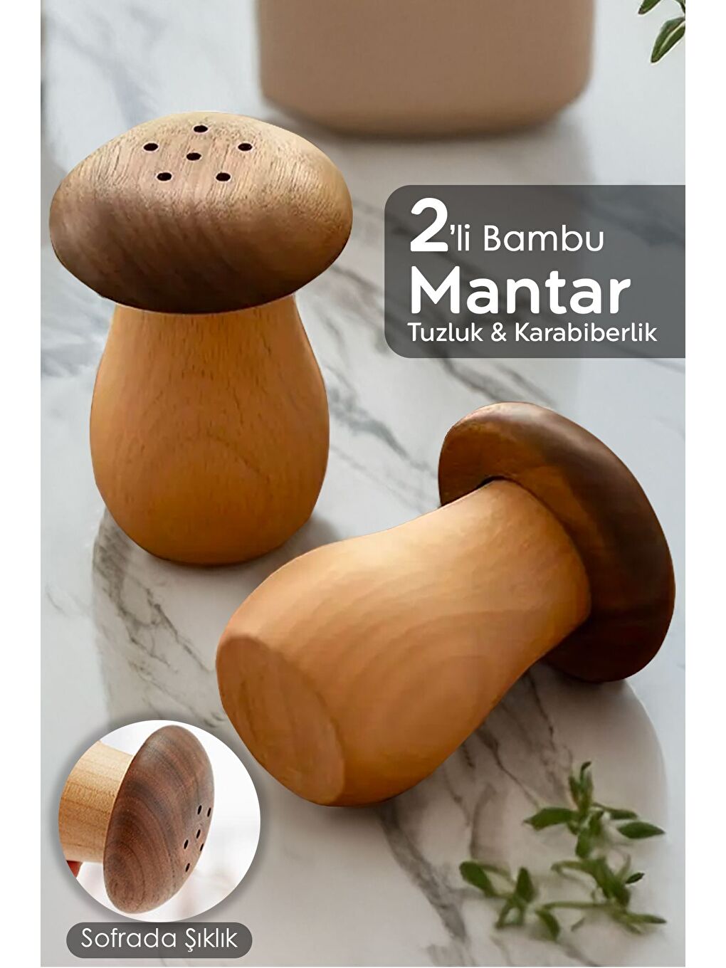 Bej 2'li Mantar Model Bambu Baharatlık Tuzluk Biberlik Karabiberlik Baharat Takımı 35 ml