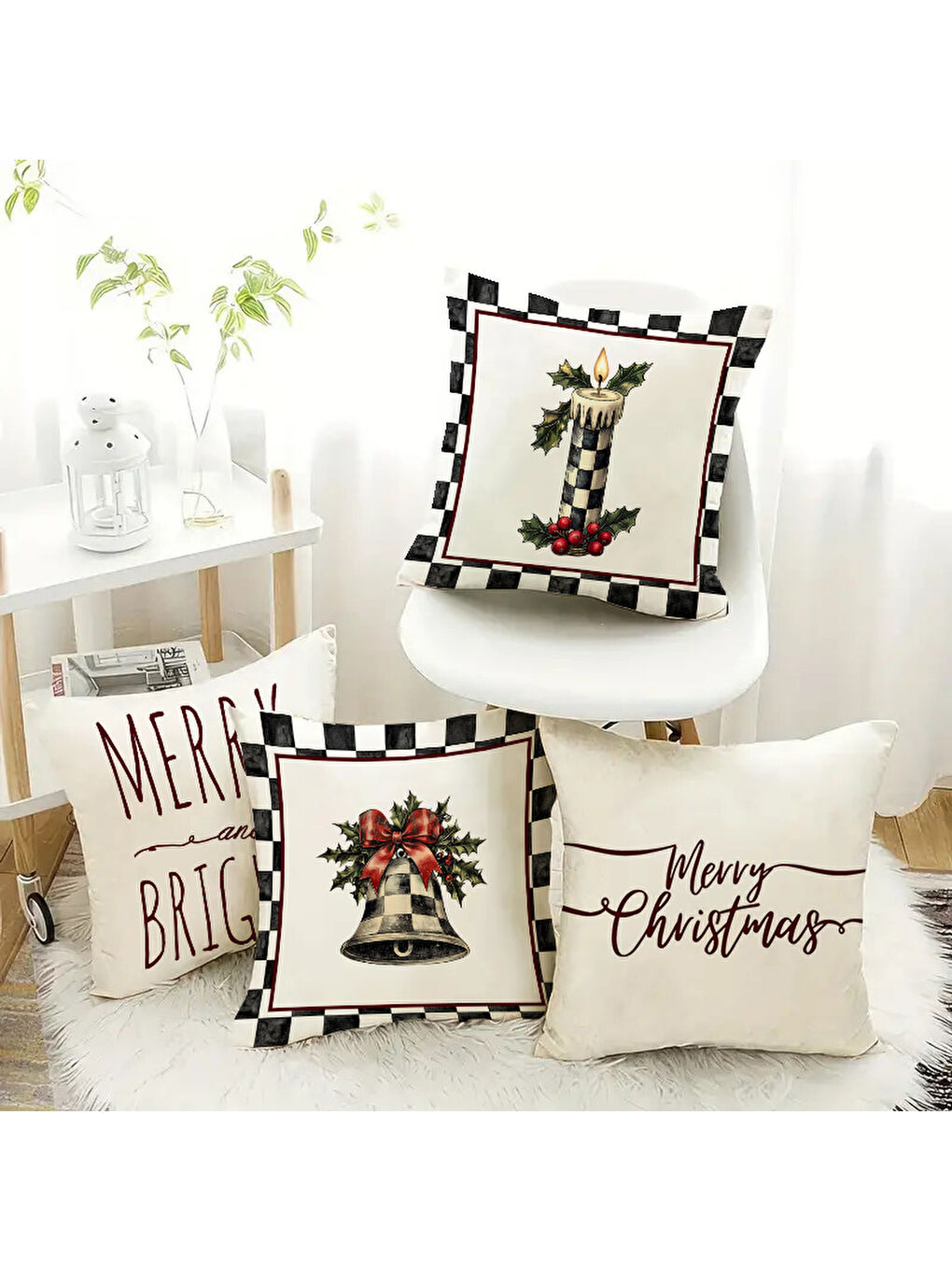 Karışık 4'lü Yılbaşı Desenli Kadife Kırlent Kılıfı Seti – Çift Taraf Baskılı 43x43 cm