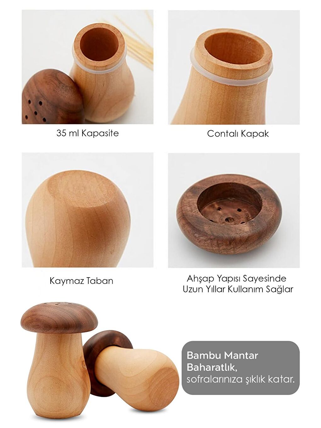 Bej 2'li Mantar Model Bambu Baharatlık Tuzluk Biberlik Karabiberlik Baharat Takımı 35 ml-2