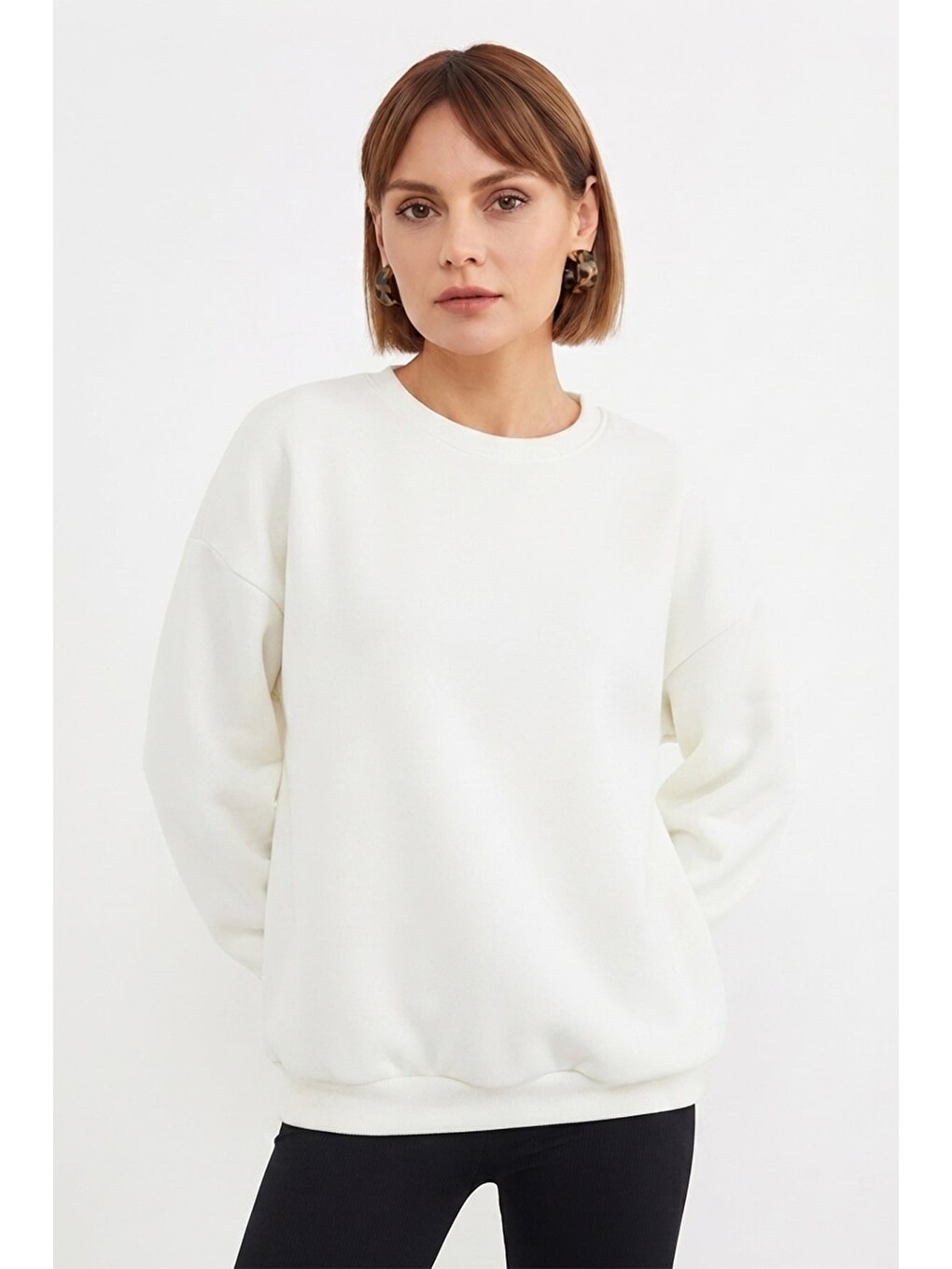 Ekru Basic Oversize Bisiklet Yaka Sweatshirt