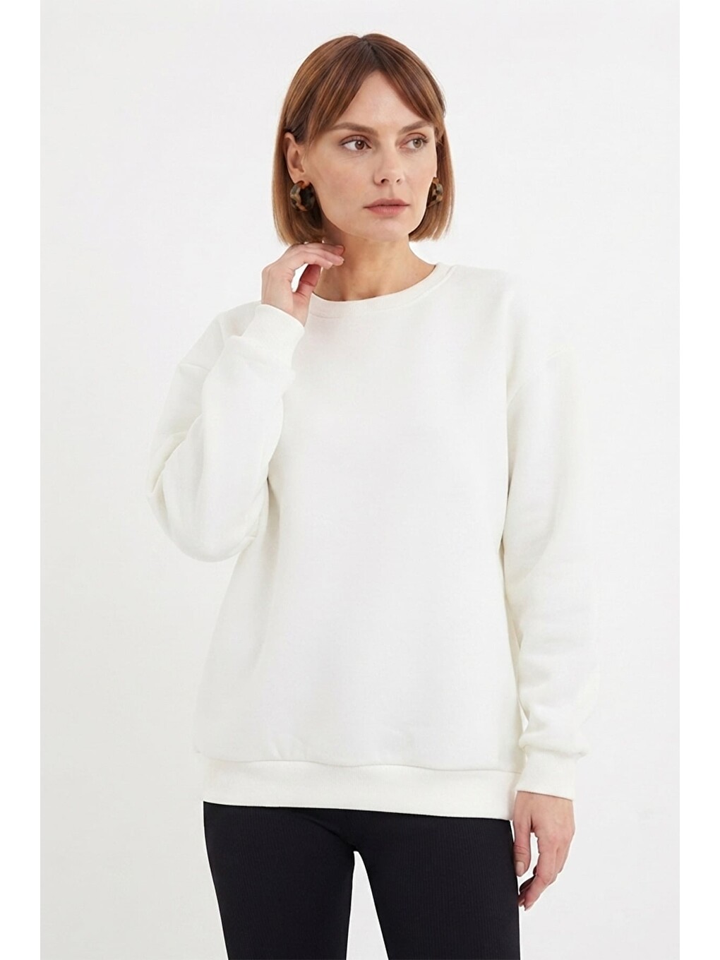 Ekru Basic Oversize Bisiklet Yaka Sweatshirt-1