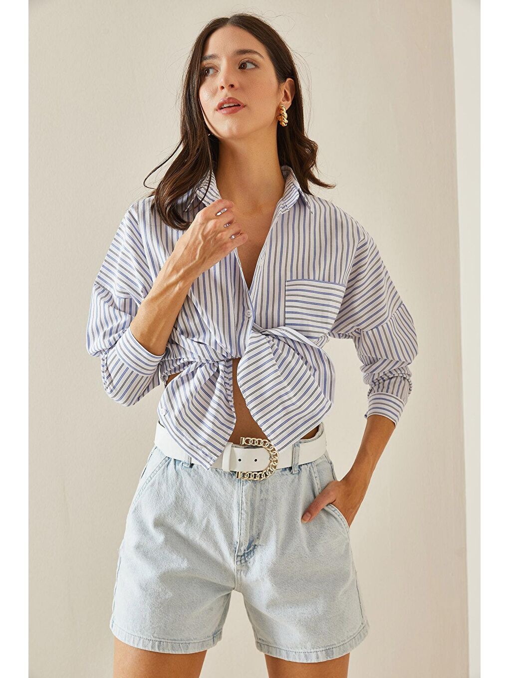 Mavi Tek Cepli Çizgili Gömlek 5YXK2-48646-12-4