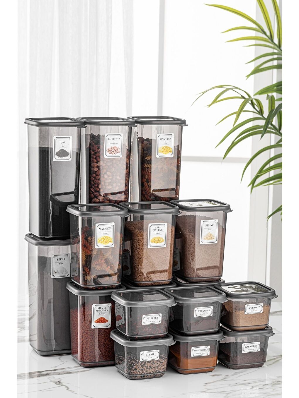 Antrasit 18'li Pino Baharatlık Erzak Saklama Kabı Kapaklı Kare Baharat Takımı 6x 0 50 lt1 10 lt1 70 lt
