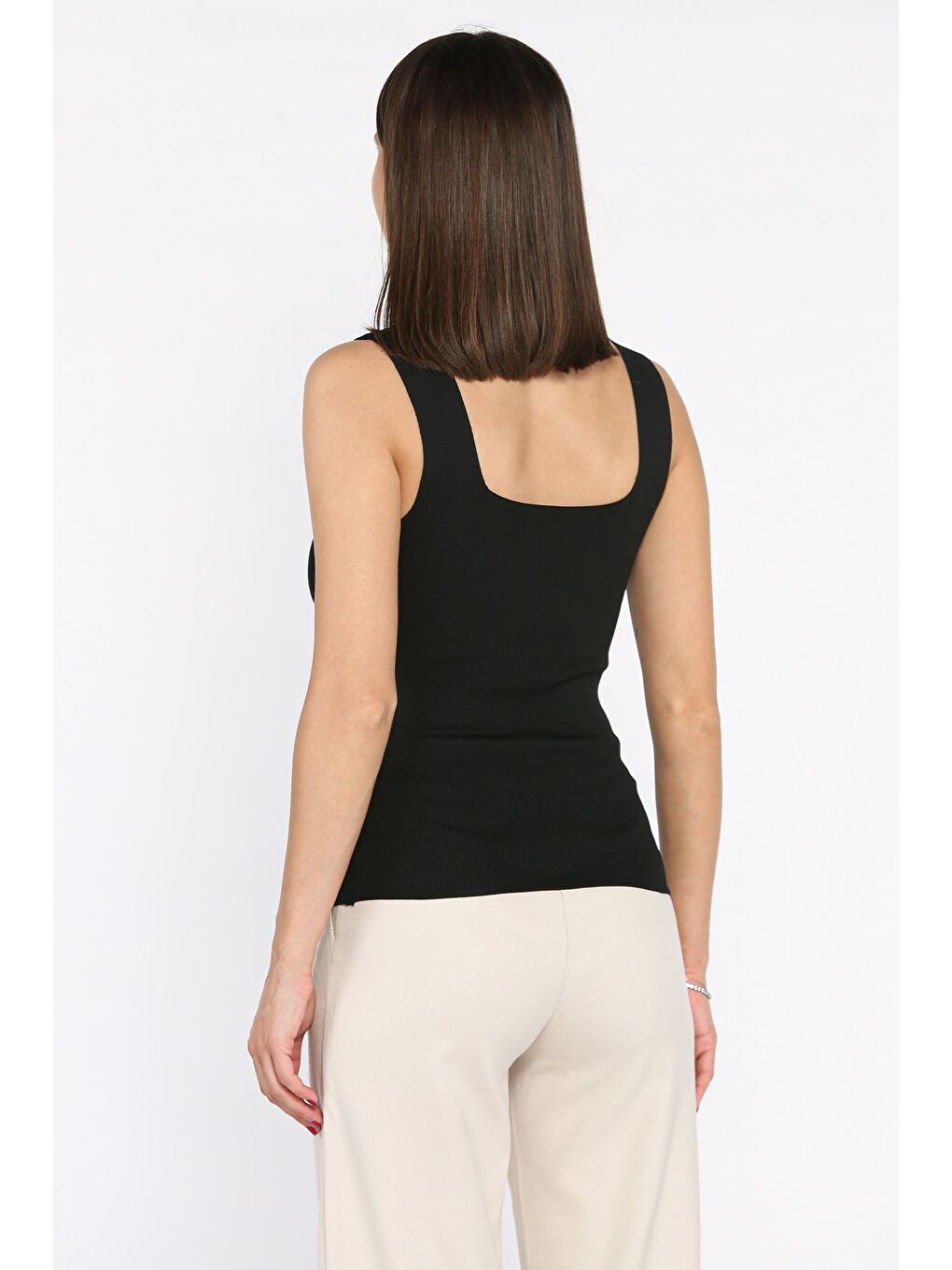 Siyah Kare Yaka Askılı Elastanlı Kadın Triko Bluz-2