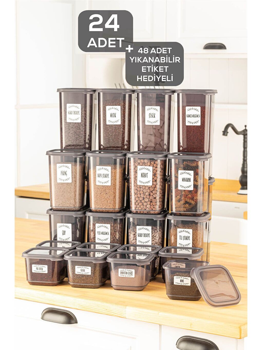 Antrasit 24'lü Elisa Baharatlık Erzak Saklama Kabı Kapaklı Kare Baharat Takımı 8x0 50 lt1 10 lt1 70 lt