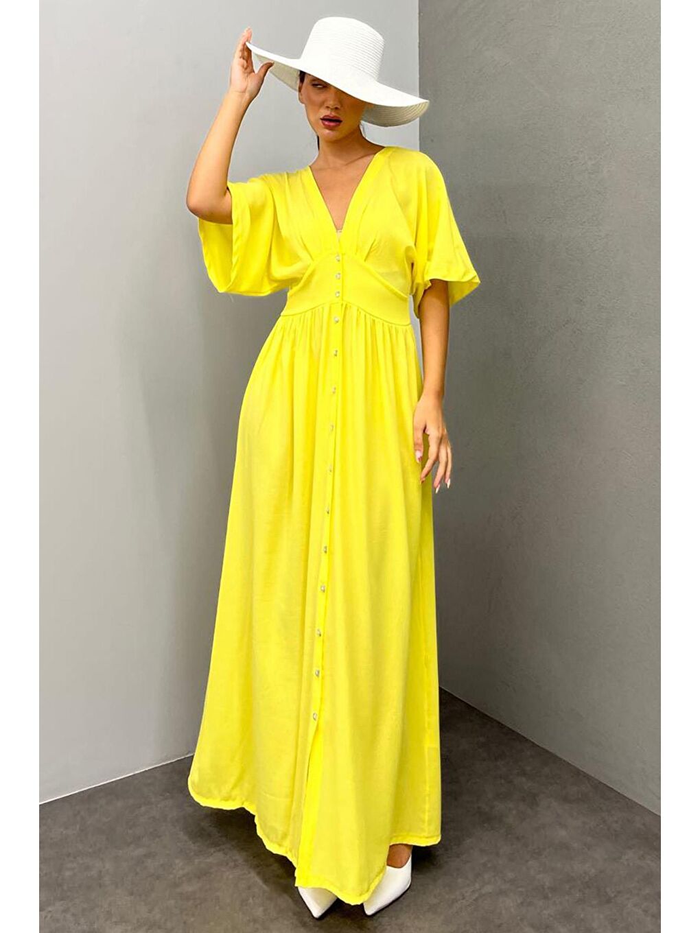 Sarı V Yaka Düğmeli Elbise Mg2339-3
