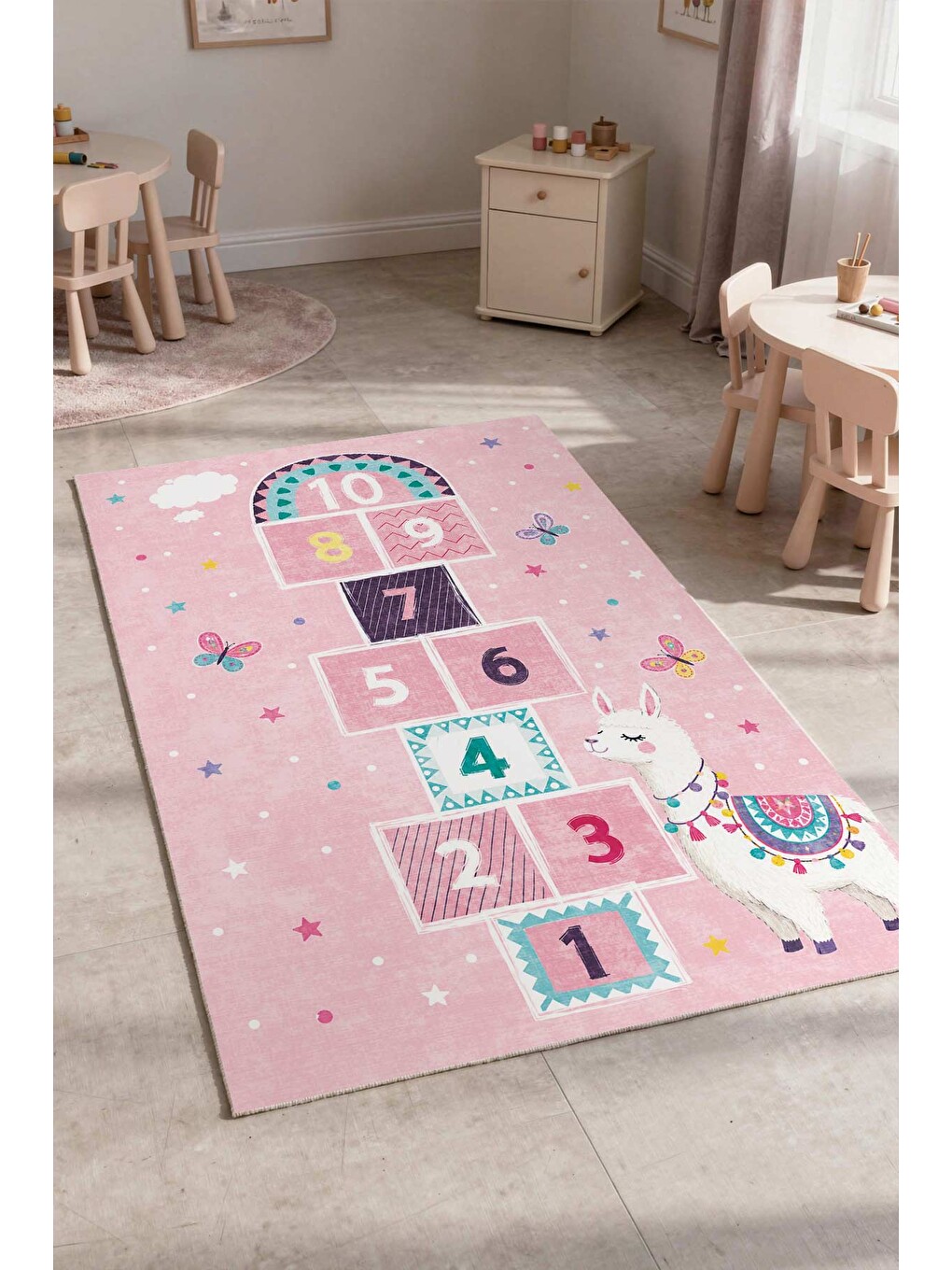 Pembe Modern Çocuk Halısı Kaymaz Tabanlı Makinede Yıkanabilir Çocuk Odası Halısı-1