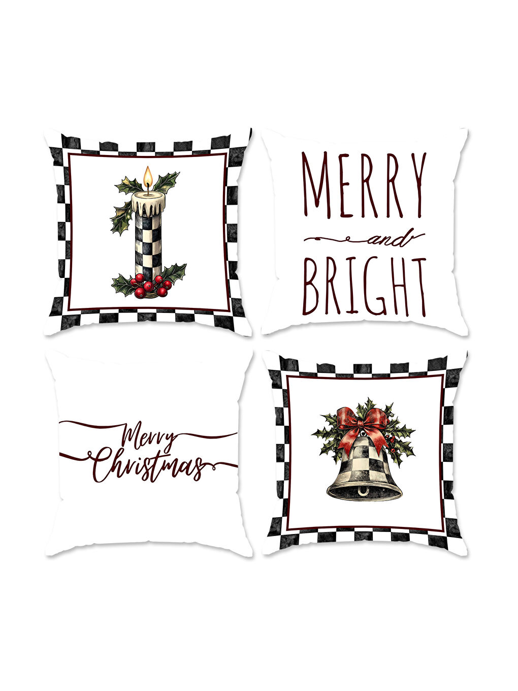 Karışık 4'lü Yılbaşı Desenli Kadife Kırlent Kılıfı Seti – Çift Taraf Baskılı 43x43 cm-1