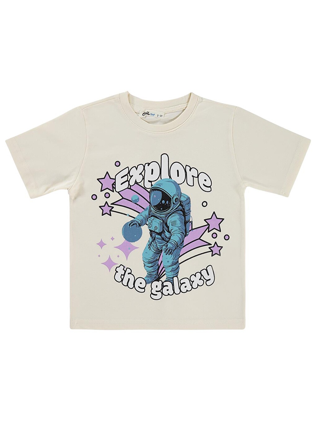 Boys EXPLORE ASTRONOT Basklı 2-5 Yaş Tişört - Ekru