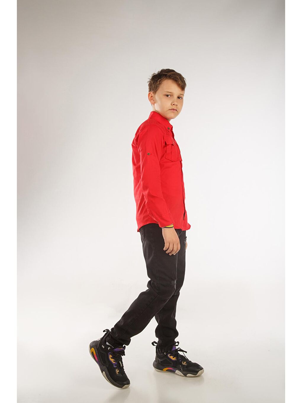 Kırmızı Uzun Katlama Kollu Erkek Çocuk Gömlek-1