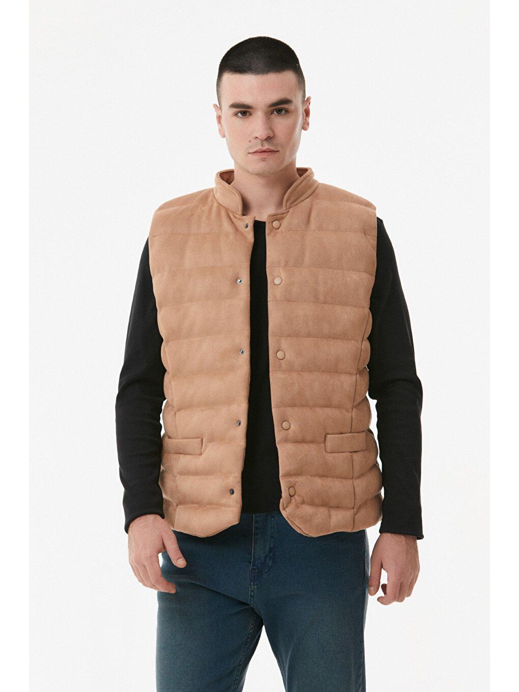 Bej Süet Dik Yaka Çıt Çıtlı Yelek