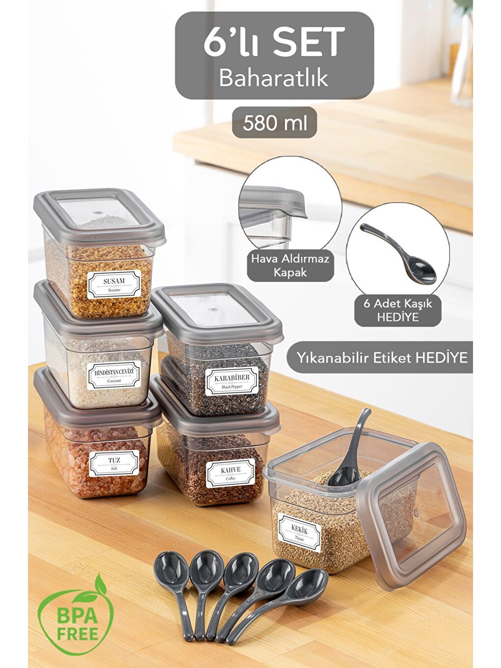 Antrasit 6'lı Sızdırmaz Kapaklı Kaşıklı Baharatlık Seti Etiketli Baharat Saklama Kabı 6 x 580 ml